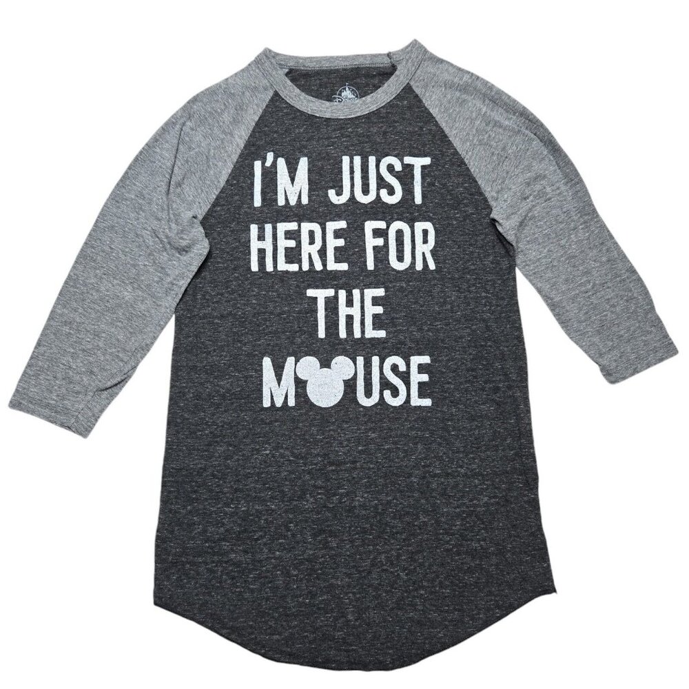 Disney Shirt Womens Medium Gray Raglan‎ Im Just Here For The Mouse 3/4 Sleeve